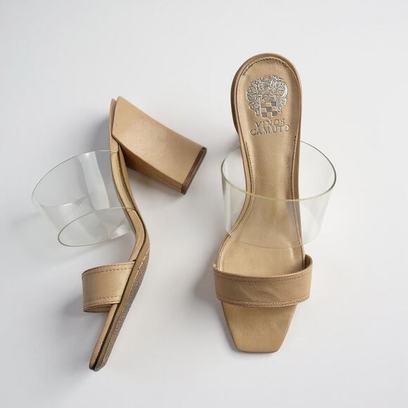 Vince Camuto Felima Mules Biscuit Soft Leather & Clear Size 11 Vaca Resort Club - Picture 1 of 12